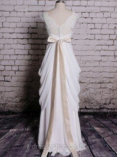 Ivory Chiffon Lace V-neck Sashes/Ribbons and Sides Ruffles Sheath/Column Wedding Dresses #DS00020572