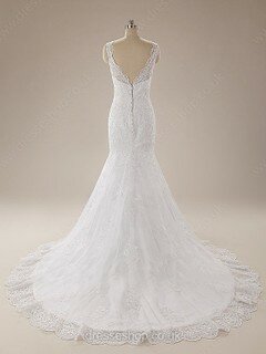 Court Train Trumpet/Mermaid White Lace Draped Scalloped Neck Wedding Dress #DS00020625