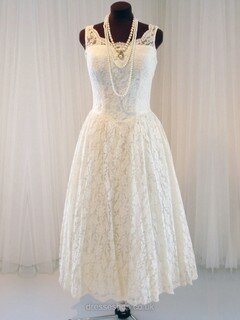 Discount Scoop Neck Covered Button Tea-length Ivory Lace Wedding Dresses #DS00020790