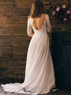 White Chiffon Lace Ruffles 1/2 Sleeve and Lace-up Off-the-shoulder Wedding Dresses #DS00020839