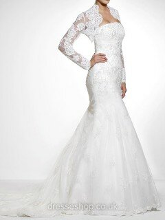 Beautiful Lace with Appliques Strapless White Trumpet/Mermaid Wedding Dresses #DS00020840