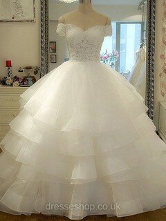 Ivory Ball Gown Lace-up Off-the-shoulder Tiered Organza Wedding Dress #DS00020986