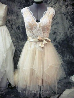 V-neck Champagne Tulle Lace Sashes/Ribbons Asymmetrical Casual Wedding Dresses #DS00021442
