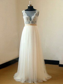 Ladies Ivory Chiffon Lace Sashes/Ribbons Sweep Train Scoop Neck Wedding Dresses #DS00021467