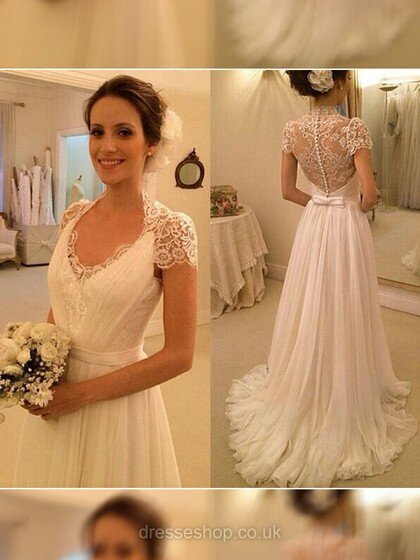 Perfect A-line Ivory Chiffon Appliques Lace V-neck Short Sleeve Wedding Dress #DS00021497