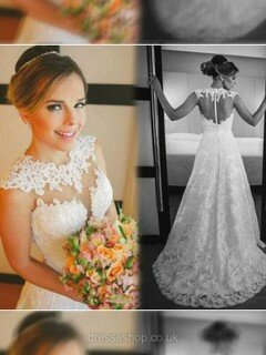 Scoop Neck Appliques Lace Court Train White Lace Tulle Great Wedding Dress #DS00021498