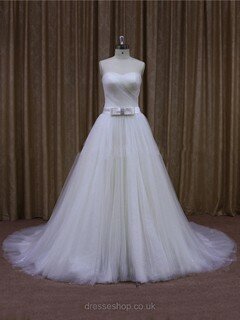 Affordable Ivory Tulle Sashes / Ribbons Chapel Train Sweetheart Wedding Dresses #DS00021640