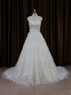 Ivory Court Train Lace Sashes / Ribbons Cap Straps High Neck Wedding Dresses #DS00021642
