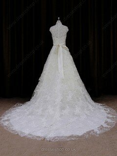 Ivory Court Train Lace Sashes / Ribbons Cap Straps High Neck Wedding Dresses #DS00021642