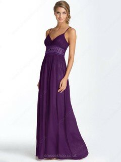 Purple Chiffon Beading Spaghetti Straps V-neck Sheath/Column Prom Dresses #02060135