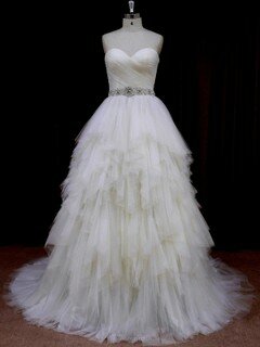 Sweetheart Ivory Modest Tulle Tiered Princess Wedding Dresses #DS00021691
