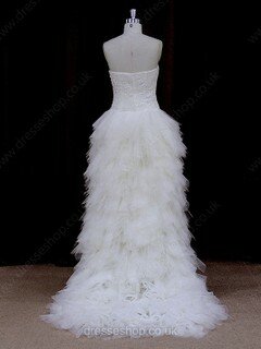 Asymmetrical Ivory Tulle Appliques Lace High Low Strapless Wedding Dress #DS00021802