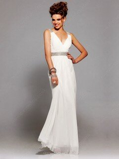 Sheath/Column Chiffon with Beading V-neck Affordable White Prom Dresses #02011865