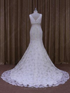 Trumpet/Mermaid V-neck Ivory Lace Tulle Appliques Lace Designer Wedding Dress #DS00021964