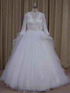 Ivory V-neck Tulle Appliques Lace Long Sleeve Ball Gown Wedding Dress #DS00021982
