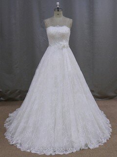 Ivory Strapless Lace Sashes / Ribbons Lace-up Court Train Wedding Dresses #DS00021997