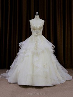 V-neck Ivory Organza Lace-up Appliques Lace Princess Wedding Dresses #DS00022009