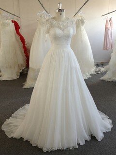 A-line Ivory Chiffon Lace Beading Short Sleeve Scoop Neck Wedding Dresses #DS00022024