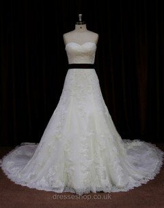 New Sweetheart Lace Tulle Sashes/Ribbons Ivory Cathedral Train Wedding Dresses #DS00022042