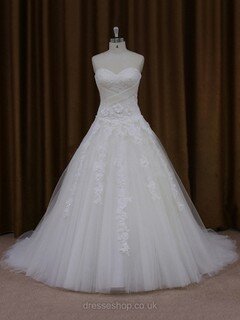 Ball Gown Tulle Appliques Lace Court Train Trendy Ivory Wedding Dresses #DS00022047