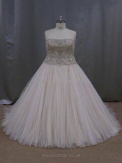 Sweetheart Tulle Crystal Detailing Court Train Fashion Champagne Wedding Dresses #DS00022069