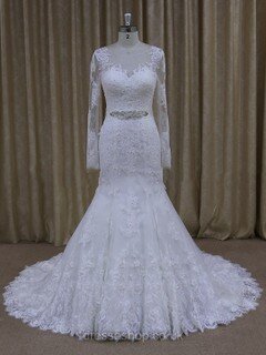 White Tulle Trumpet/Mermaid with Appliques Lace Long Sleeve Wedding Dresses #DS00022071