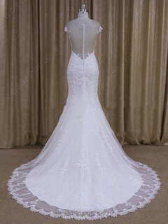 Trendy Scoop Neck Tulle Appliques Lace Trumpet/Mermaid White Wedding Dresses #DS00022080