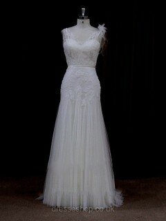 Sheath/Column Tulle Appliques Lace V-neck Online Ivory Wedding Dresses #DS00022088
