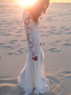 Sheath/Column V-neck Lace Chiffon Sweep Train Ivory Wedding Dresses #DS00020532