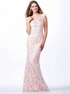 V-neck Pink Lace Beading Cap Straps Trumpet/Mermaid Prom Dresses #DS020101291