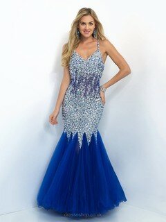 Royal Blue Trumpet/Mermaid Tulle Crystal Detailing Open Back V-neck Prom Dress #DS020101310