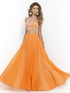 Halter Orange Tulle Chiffon Beading Two-pieces Backless Long Prom Dresses #DS020101340