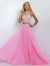 Sweep Train Scoop Neck Crystal Detailing Open Back Green Tulle Chiffon Prom Dresses #DS020101352
