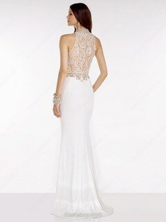 Gorgeous High Neck Lace Chiffon Beading White Trumpet/Mermaid Prom Dress #DS020101368