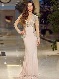 Long Sleeve Trumpet/Mermaid Pink Chiffon Tulle Split Front Sweep Train Prom Dress #DS020101376