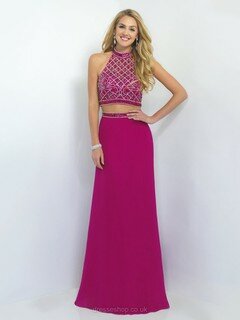 Halter Tulle Silk-like Satin Beading Two-pieces Open Back Fuchsia Prom Dress #DS020101379