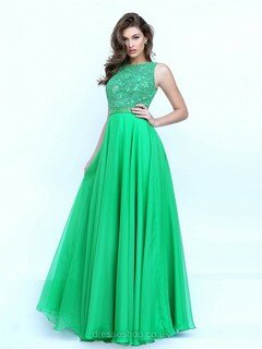 Scoop Neck Green Lace Chiffon Sashes / Ribbons Floor-length Backless Prom Dress #DS020101385