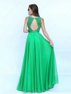 Scoop Neck Green Lace Chiffon Sashes / Ribbons Floor-length Backless Prom Dress #DS020101385