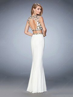 Two-pieces Scoop Neck Chiffon Beading White Trumpet/Mermaid Prom Dress #DS020101397