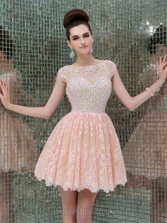 Short/Mini Scoop Neck Pink Lace Tulle Cap Straps Appliques Lace Prom Dress #DS020101431