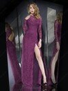 Sheath/Column Scoop Neck Purple Lace Split Front Long Sleeve Prom Dresses #DS020101456