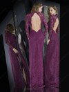 Sheath/Column Scoop Neck Purple Lace Split Front Long Sleeve Prom Dresses #DS020101456