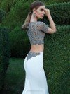 Short Sleeve White Trumpet/Mermaid Chiffon Satin Tulle Beading Watteau Train Prom Dresses #DS020101459