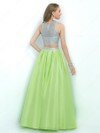 Scoop Neck Satin Beading Floor-length Sage Two-pieces Prom Dresses #DS020101474