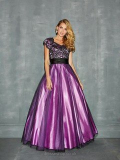 V-neck Purple Tulle Silk-like Satin Beading Floor-length Short Sleeve Prom Dress #DS020101478