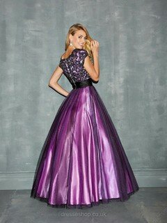 V-neck Purple Tulle Silk-like Satin Beading Floor-length Short Sleeve Prom Dress #DS020101478