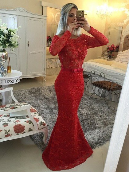 Red Trumpet/Mermaid Lace Tulle Beading Floor-length Long Sleeve Prom Dress #DS020101486