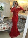 Red Trumpet/Mermaid Lace Tulle Beading Floor-length Long Sleeve Prom Dress #DS020101486