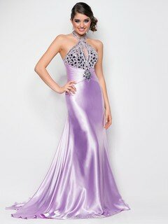 Halter Lilac Silk-like Satin Beading Backless Watteau Train Prom Dress #DS020101487