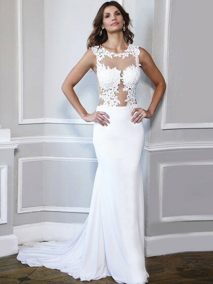 Trumpet/Mermaid Chiffon Tulle Sweep Train Appliques Lace White Prom Dress #DS020101510